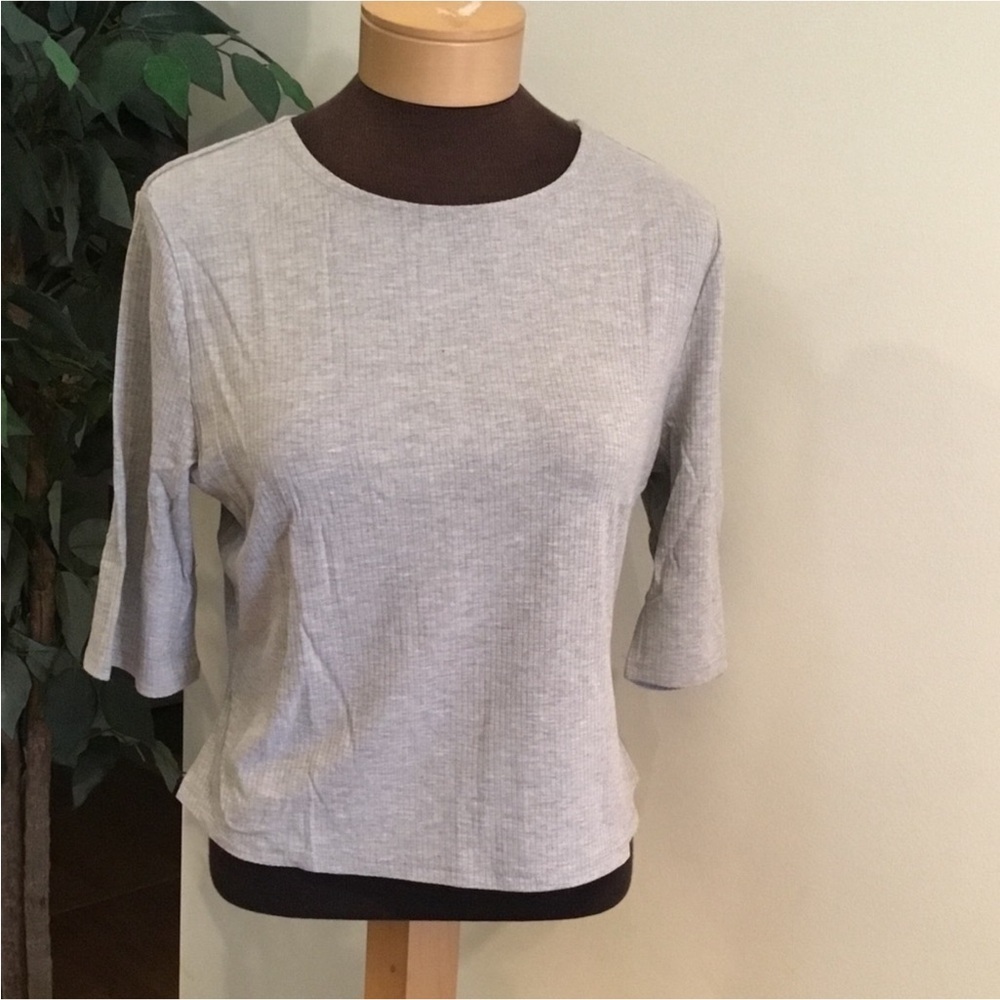 POPSUGAR Gray Ribbed Cropped Crewneck Elbow Sleeve Top XL NWT